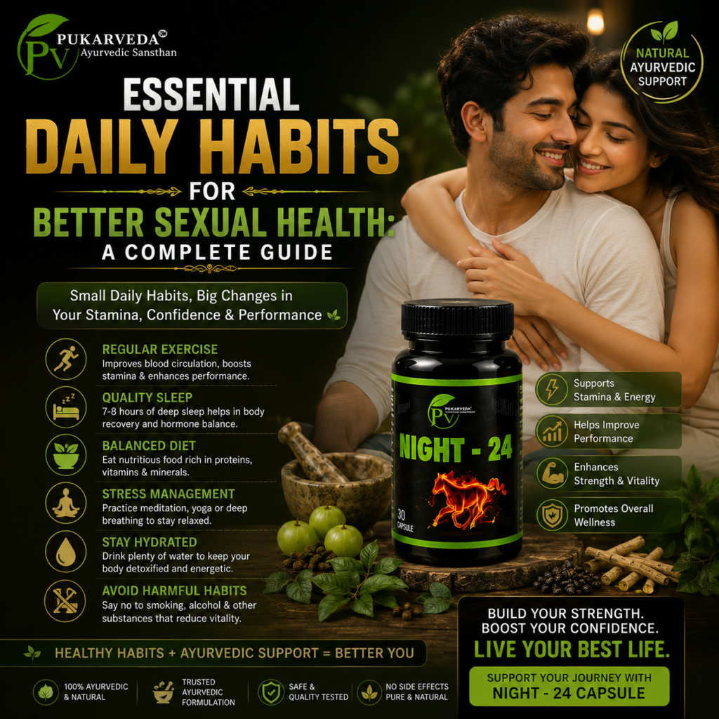 Essential Daily Habits for Better Sexual Health complete guide featuring Night-24 Ayurvedic capsule for stamina energy and wellness support.