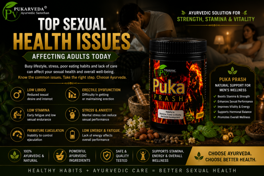 Top Sexual Health Issues Affecting Adults Today featuring Puka Prash Ayurvedic wellness supplement with natural ingredients and men's wellness support.
