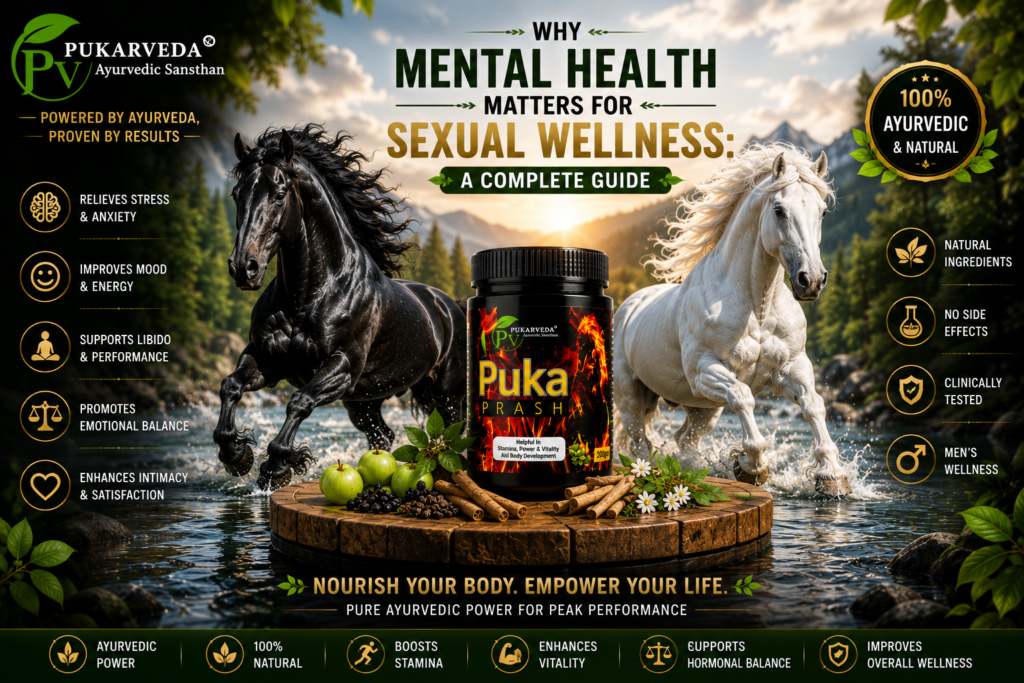 Why Mental Health Matters for Sexual Wellness featuring Puka Prash Ayurvedic wellness supplement with a powerful white horse and premium wellness background.