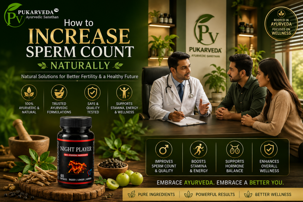 Doctor consulting a couple about male fertility with PukarVeda Night Player Ayurvedic supplement for natural sperm count support.